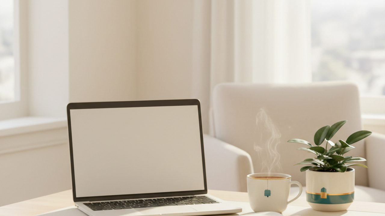 Aufgeklappter Laptop mit leerem Bildschirm neben einer dampfenden Teetasse und einer Grünpflanze auf einem hellen Schreibtisch