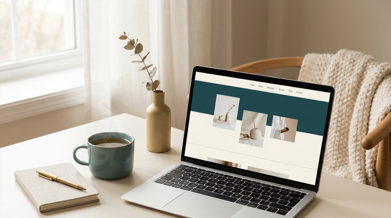 Ruhiger Schreibtisch mit Laptop und Tee, auf dem eine schlichte Website zu sehen ist