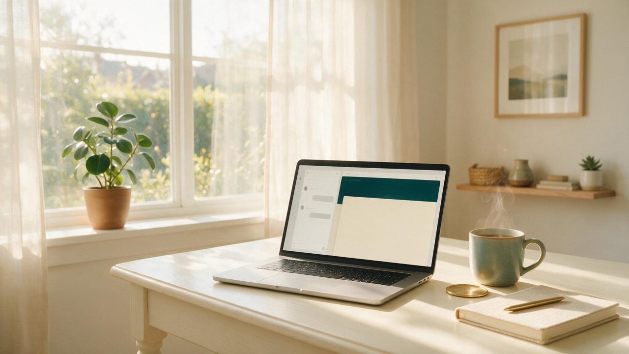 Heller Schreibtisch am Fenster mit Laptop, Tasse Tee und einer Website-Vorschau auf dem Bildschirm