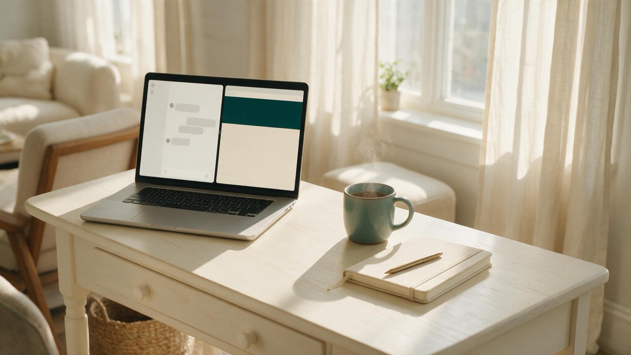Laptop auf einem hellen Schreibtisch, links ein Chatfenster, rechts die Vorschau einer im Aufbau befindlichen Website