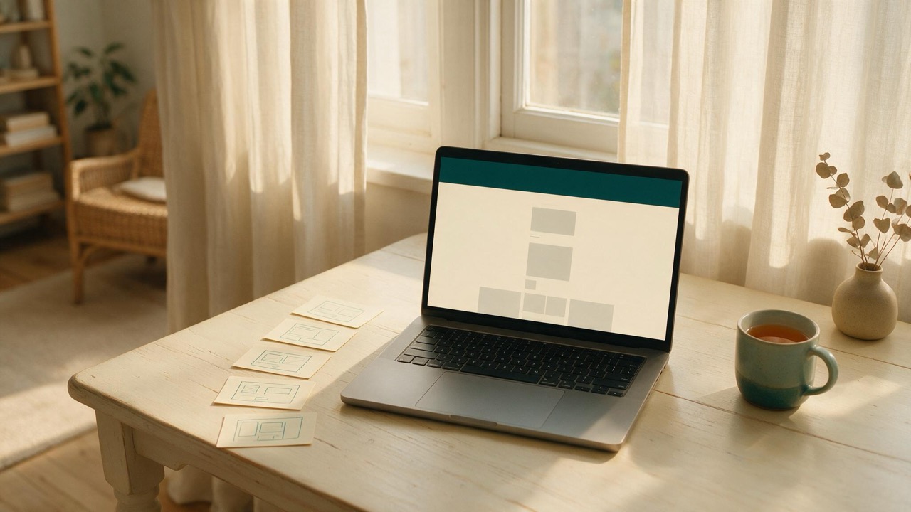 Laptop mit einer Website im Aufbau, daneben fünf Karten mit Layout-Skizzen auf einem hellen Tisch